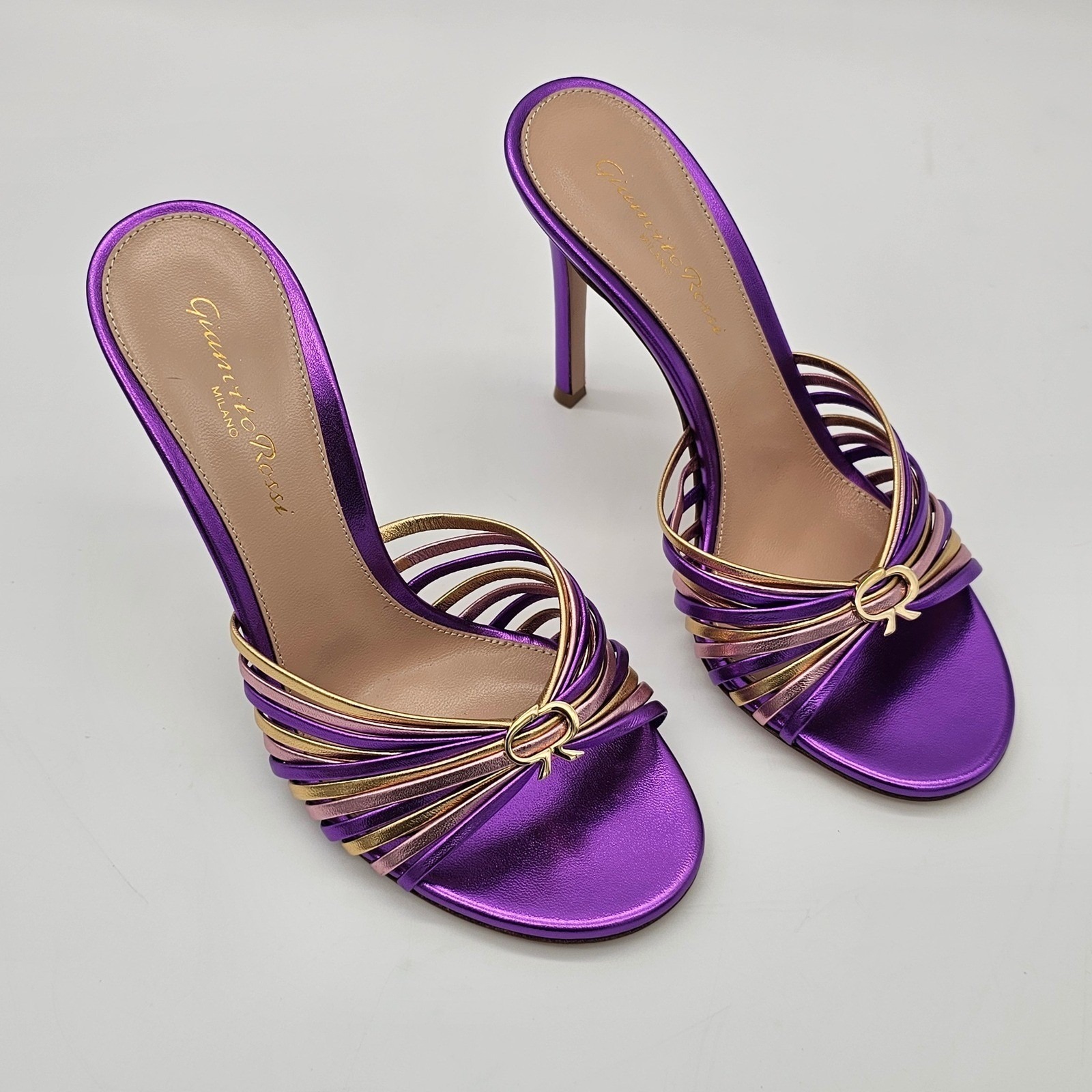 Gianvito Rossi Sandals Women Silk 115 High Heel Purple Gold Metallic Strappy 7.5